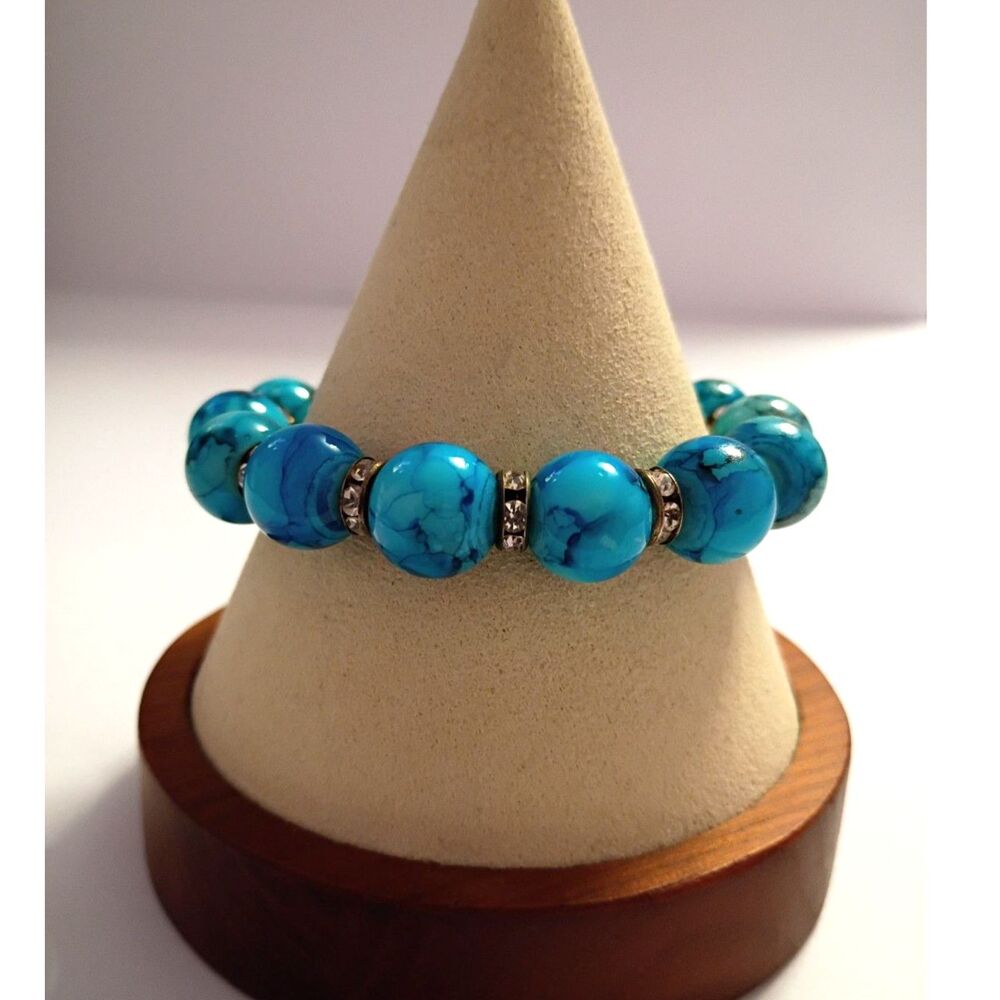 Turquoise Blue Glass Beaded Bracelet with Rhinestone Rondel Spacers Ocean Vibe